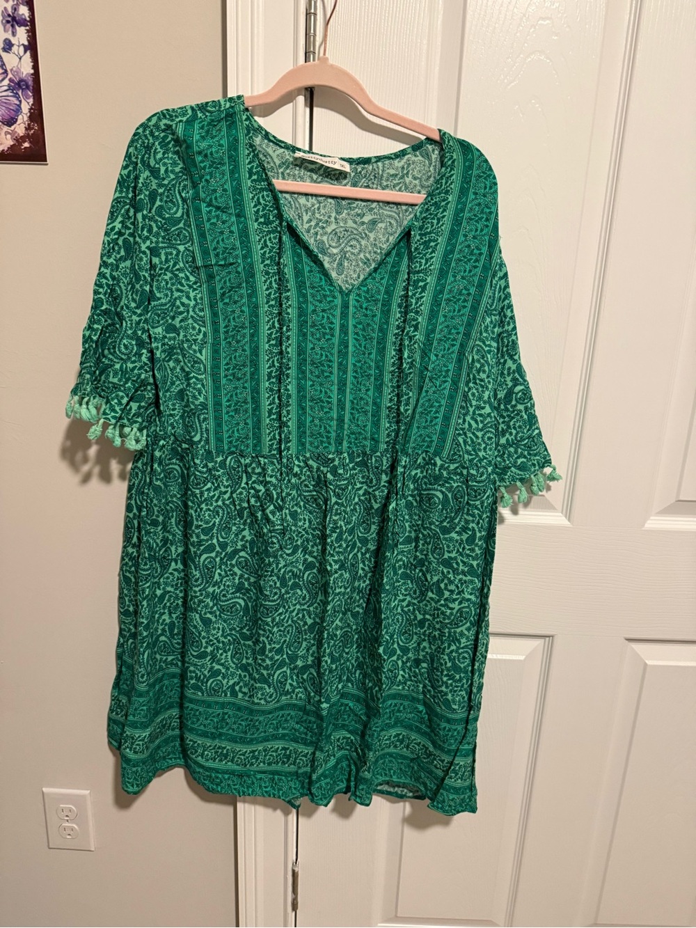 Green V-Neck Boho Mini Dress with Tassel Trim